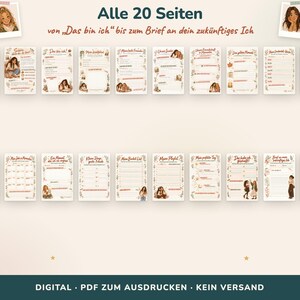 May include: A set of 20 printable journal pages featuring illustrations of people and floral accents. The pages include headers like Golden Moments, My Bucket List, and My Playlist, with lines for writing and prompts in German text.