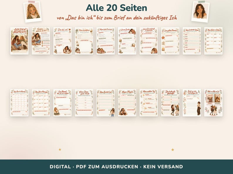 May include: A set of 20 printable journal pages featuring illustrations of people and floral accents. The pages include headers like Golden Moments, My Bucket List, and My Playlist, with lines for writing and prompts in German text.