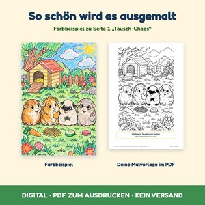 以下が含まれることがあります： カラーの見本と白黒の線画テンプレートの塗り絵セット。どちらも木製の小屋、木、花の前で遊ぶ4匹のモルモットが描かれています。テキストには「So sch&ouml;n wird es ausgemalt」、「Tausch-Chaos」、「Mit Geld ist Tauschen viel leichter」と書かれています。