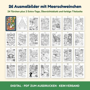 May include: A collection of 26 printable colouring pages featuring guinea pigs in winter and holiday scenes. The set includes 24 numbered pages, two extra pages, an overview sheet, and a coloured title page with the text 26 Ausmalbilder mit Meerschweinchen.