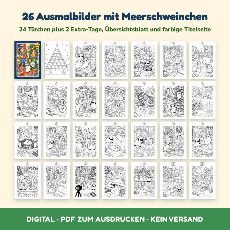 May include: A collection of 26 printable colouring pages featuring guinea pigs in winter and holiday scenes. The set includes 24 numbered pages, two extra pages, an overview sheet, and a coloured title page with the text 26 Ausmalbilder mit Meerschweinchen.