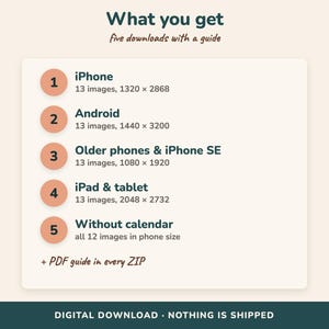 Pode incluir: Um gr&aacute;fico informativo de download digital intitulado What you get, five downloads with a guide. Lista cinco op&ccedil;&otilde;es numeradas: iPhone 13 images 1320 x 2868, Android 13 images 1440 x 3200, Older phones & iPhone SE 13 images 1080 x 1920, iPad & tablet 13 images 2048 x 2732, e Without calendar all 12 images in phone size, mais um guia em PDF em cada arquivo ZIP.