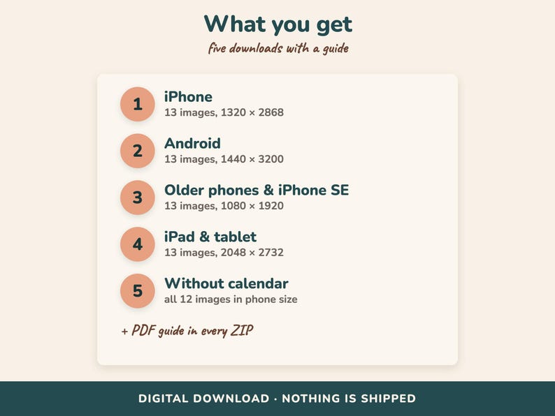 Pode incluir: Um gr&aacute;fico informativo de download digital intitulado What you get, five downloads with a guide. Lista cinco op&ccedil;&otilde;es numeradas: iPhone 13 images 1320 x 2868, Android 13 images 1440 x 3200, Older phones & iPhone SE 13 images 1080 x 1920, iPad & tablet 13 images 2048 x 2732, e Without calendar all 12 images in phone size, mais um guia em PDF em cada arquivo ZIP.