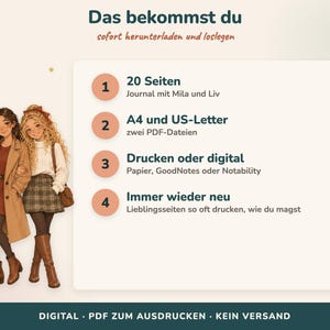 May include: A digital journal product listing featuring an illustration of two young people with long wavy hair wearing autumn-style clothing. The text includes: Das bekommst du, sofort herunterladen und loslegen, 20 Seiten, A4 und US-Letter, Drucken oder digital, Immer wieder neu, DIGITAL PDF ZUM AUSDRUCKEN KEIN VERSAND.