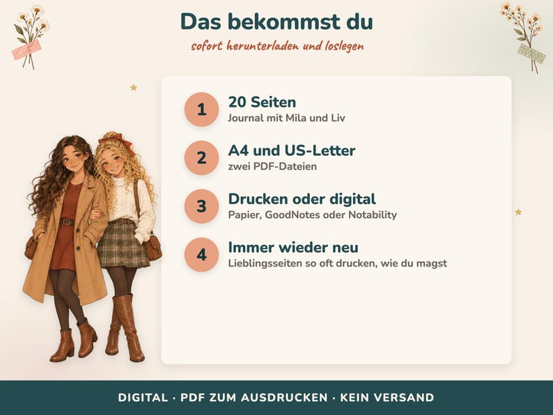 May include: A digital journal product listing featuring an illustration of two young people with long wavy hair wearing autumn-style clothing. The text includes: Das bekommst du, sofort herunterladen und loslegen, 20 Seiten, A4 und US-Letter, Drucken oder digital, Immer wieder neu, DIGITAL PDF ZUM AUSDRUCKEN KEIN VERSAND.