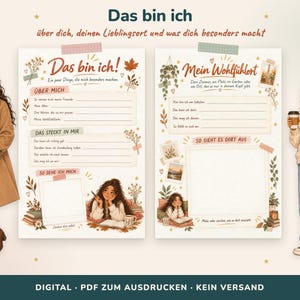 May include: Two printable journal pages featuring illustrated characters and prompts in German. The left page includes sections for personal details and self-reflection. The right page focuses on favourite places, with space for writing and drawing.