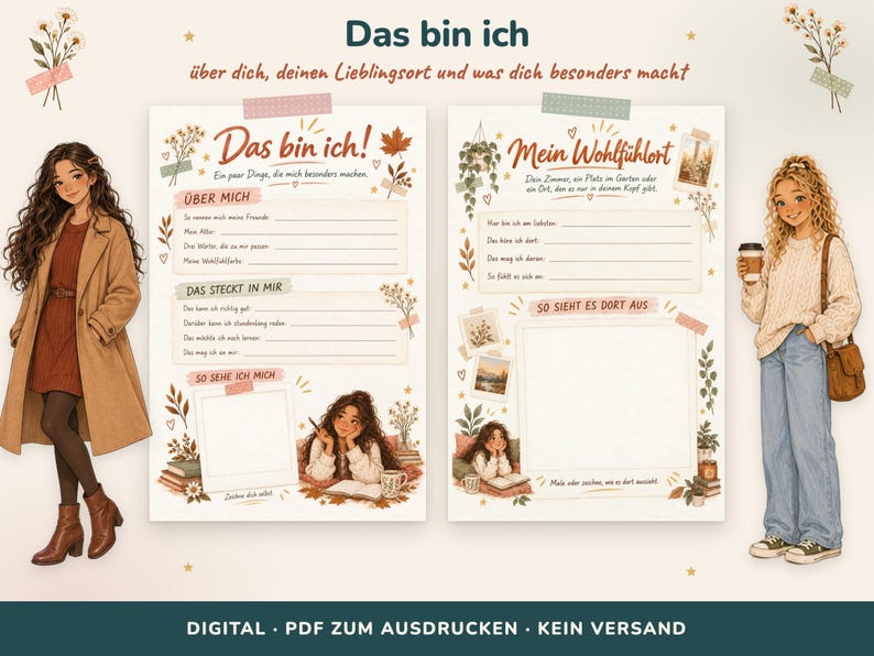 May include: Two printable journal pages featuring illustrated characters and prompts in German. The left page includes sections for personal details and self-reflection. The right page focuses on favourite places, with space for writing and drawing.