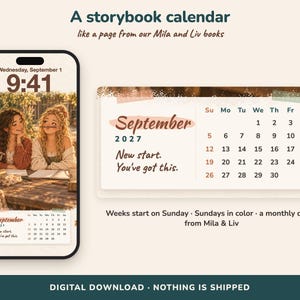 Pode incluir: Um calend&aacute;rio digital para setembro de 2027 com uma ilustra&ccedil;&atilde;o de duas personagens numa mesa. O calend&aacute;rio mostra o m&ecirc;s, o ano e os dias da semana a come&ccedil;ar no domingo. O texto inclui "New start. You've got this." e "A storybook calendar".