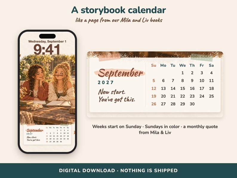 Pode incluir: Um calend&aacute;rio digital para setembro de 2027 com uma ilustra&ccedil;&atilde;o de duas personagens numa mesa. O calend&aacute;rio mostra o m&ecirc;s, o ano e os dias da semana a come&ccedil;ar no domingo. O texto inclui "New start. You've got this." e "A storybook calendar".