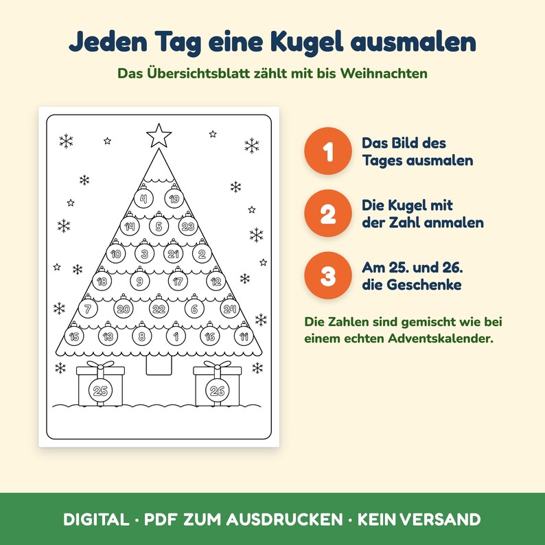 May include: A printable colouring page featuring a Christmas tree with numbered ornaments from 1 to 24 and two gift boxes numbered 25 and 26. The text reads: Jeden Tag eine Kugel ausmalen, Das &Uuml;bersichtsblatt z&auml;hlt mit bis Weihnachten, 1 Das Bild des Tages ausmalen, 2 Die Kugel mit der Zahl anmalen, 3 Am 25. und 26. die Geschenke, Die Zahlen sind gemischt wie bei einem echten Adventskalender, DIGITAL PDF ZUM AUSDRUCKEN KEIN VERSAND.