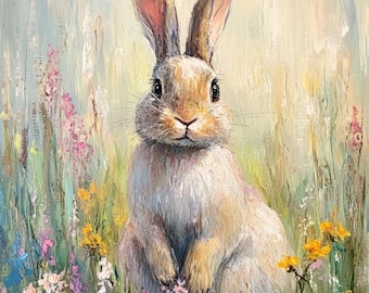 Pintura al óleo de un conejito de Pascua entre flores silvestres, arte impresionista de primavera – Descarga digital de 3 imágenes en formato 4:5