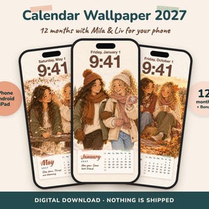 Pode incluir: Tr&ecirc;s smartphones exibindo um papel de parede de calend&aacute;rio 2027 com ilustra&ccedil;&otilde;es de Mila e Liv. As telas mostram datas, horas e cenas sazonais. O texto inclui Calendar Wallpaper 2027, 12 months with Mila & Liv for your phone, iPhone, Android, iPad, 12 months + Bonus e DIGITAL DOWNLOAD &middot; NOTHING IS SHIPPED.