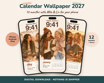 Kalender Wallpaper 2027 auf Englisch, Calendar Wallpaper Handy Hintergrund, cozy Lockscreen iPhone Android iPad, Mila und Liv