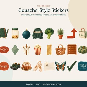 Op de afbeelding: Een verzameling digitale stickers in gouache-stijl met diverse iconen, waaronder een groen notitieboek, een pot met munten, een trui, broccoli, een plant, een pijl, een tas, een kruis, popcorn, een mand, een ladekast, een pompoen, schoenen, een cake, balletschoenen, een vlinder en tekstlabels.
