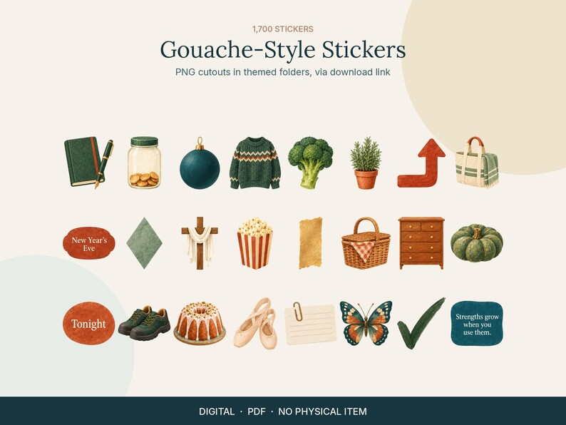 Op de afbeelding: Een verzameling digitale stickers in gouache-stijl met diverse iconen, waaronder een groen notitieboek, een pot met munten, een trui, broccoli, een plant, een pijl, een tas, een kruis, popcorn, een mand, een ladekast, een pompoen, schoenen, een cake, balletschoenen, een vlinder en tekstlabels.