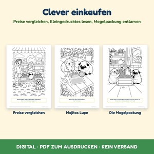 以下が含まれることがあります： モルモットと教育的なテキストが描かれた3枚の白黒塗り絵ページ。上部のテキストは「Clever einkaufen, Preise vergleichen, Kleingedrucktes lesen, Mogelpackung entlarven」と書かれています。下部のテキストは「DIGITAL - PDF ZUM AUSDRUCKEN - KEIN VERSAND」です。