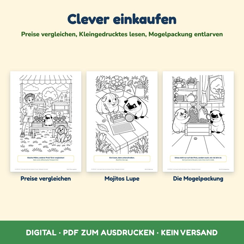 以下が含まれることがあります： モルモットと教育的なテキストが描かれた3枚の白黒塗り絵ページ。上部のテキストは「Clever einkaufen, Preise vergleichen, Kleingedrucktes lesen, Mogelpackung entlarven」と書かれています。下部のテキストは「DIGITAL - PDF ZUM AUSDRUCKEN - KEIN VERSAND」です。