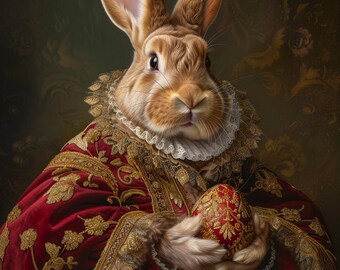 5 láminas artísticas vintage de conejos de Pascua: conejo barroco con huevo, decoración de pared de Pascua, regalo de Pascua, descarga imprimible.