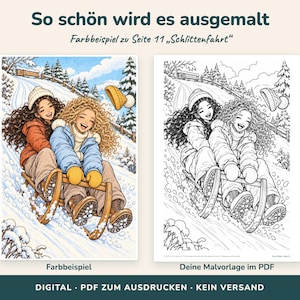 May include: A digital coloring page set featuring two people sledding down a snowy hill. The left side shows a colored version with a blue jacket and orange coat, while the right side displays the black and white line art version for printing.