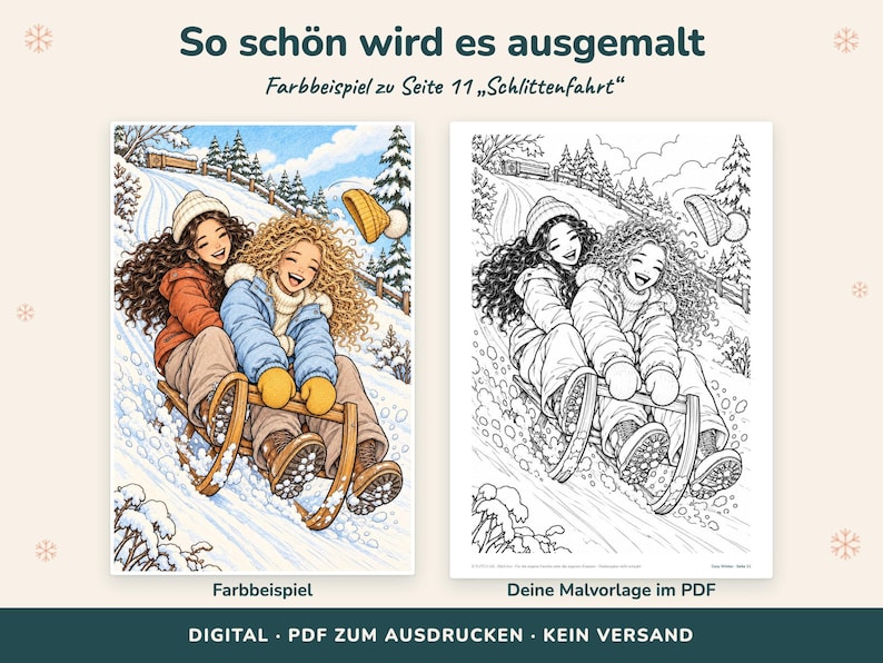 May include: A digital coloring page set featuring two people sledding down a snowy hill. The left side shows a colored version with a blue jacket and orange coat, while the right side displays the black and white line art version for printing.