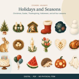 Op de afbeelding: Een digitale stickerset getiteld Holidays and Seasons met illustraties van een kerstboom, krans, kerststal, kerstsok, vuurwerk, sneeuwpop, konijn, vogelnest, kaars, tulpen, hart, kalkoen, taart, ballonnen, watermeloen, egel, pompoen en spook.