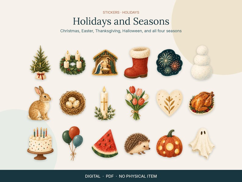 Op de afbeelding: Een digitale stickerset getiteld Holidays and Seasons met illustraties van een kerstboom, krans, kerststal, kerstsok, vuurwerk, sneeuwpop, konijn, vogelnest, kaars, tulpen, hart, kalkoen, taart, ballonnen, watermeloen, egel, pompoen en spook.