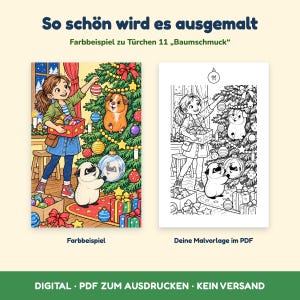 May include: A digital colouring page set featuring a coloured example and a black and white line art version. The illustration shows a person decorating a Christmas tree with two guinea pigs, ornaments, and gifts. Text includes So sch&ouml;n wird es ausgemalt.