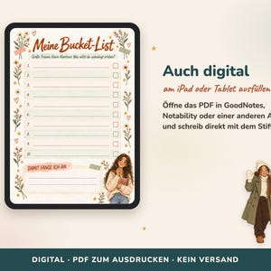 May include: A digital bucket list template displayed on a tablet screen, featuring floral borders, ten numbered lines with checkboxes, and the German text Meine Bucket-List, Gro&szlig;e Tr&auml;ume, kleine Abenteuer, Was willst du unbedingt erleben?