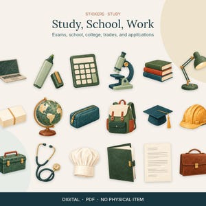 Op de afbeelding: Een verzameling digitale stickers met school- en werkartikelen, waaronder een laptop, markeerstift, rekenmachine, microscoop, boeken, lamp, wereldbol, etui, rugzak, afstudeerhoed, veiligheidshelm, gereedschapskist, stethoscoop, koksmuts en aktetas.