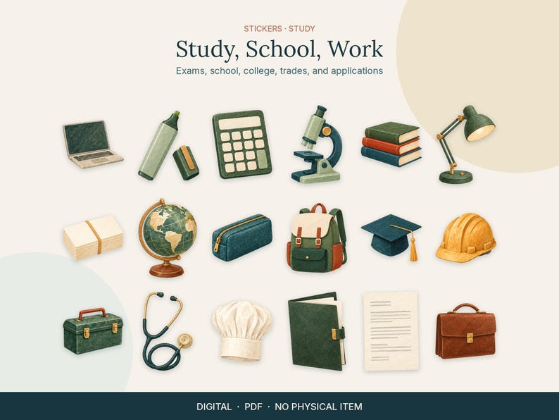 Op de afbeelding: Een verzameling digitale stickers met school- en werkartikelen, waaronder een laptop, markeerstift, rekenmachine, microscoop, boeken, lamp, wereldbol, etui, rugzak, afstudeerhoed, veiligheidshelm, gereedschapskist, stethoscoop, koksmuts en aktetas.