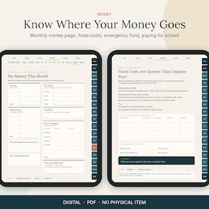 Op de afbeelding: Een digitale planner weergegeven op twee schermen met sjablonen voor financi&euml;le tracking. De tekst bevat "Know Where Your Money Goes," "My Money This Month," en "Fixed Costs Are Quieter Than Impulse Buys" met diverse budgettabellen en categorie&euml;n.