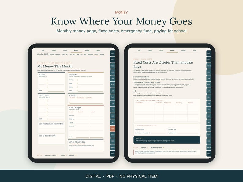 Op de afbeelding: Een digitale planner weergegeven op twee schermen met sjablonen voor financi&euml;le tracking. De tekst bevat "Know Where Your Money Goes," "My Money This Month," en "Fixed Costs Are Quieter Than Impulse Buys" met diverse budgettabellen en categorie&euml;n.
