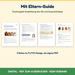 Puede incluir: Una gu&iacute;a digital en PDF de cuatro p&aacute;ginas titulada Mit Eltern-Guide, que incluye recomendaciones sobre la paga y consejos de conversaci&oacute;n. Las p&aacute;ginas contienen texto, tablas e ilustraciones de cuatro cobayas de dibujos animados.