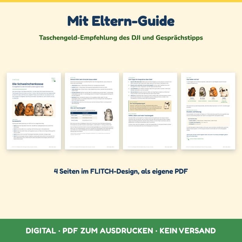 Puede incluir: Una gu&iacute;a digital en PDF de cuatro p&aacute;ginas titulada Mit Eltern-Guide, que incluye recomendaciones sobre la paga y consejos de conversaci&oacute;n. Las p&aacute;ginas contienen texto, tablas e ilustraciones de cuatro cobayas de dibujos animados.