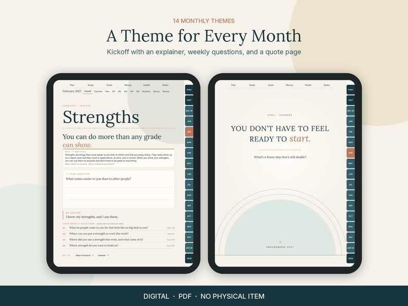 Op de afbeelding: Twee digitale tabletschermen met een maandelijkse planner-indeling. Het linkerscherm toont een pagina met de titel Strengths met tekst en vragen. Het rechterscherm toont een citaatpagina met de tekst You don't have to feel ready to start.