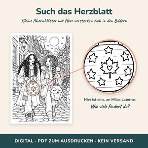 K&ouml;nnte beinhalten: Eine schwarz-wei&szlig;e Malvorlage mit dem Titel Such das Herzblatt, die zwei Personen zeigt, die mit Laternen durch eine gepflasterte Stra&szlig;e gehen. Ein kreisf&ouml;rmiger Ausschnitt zeigt eine Laterne mit einem Ahornblatt, einem Herz und Sternen.