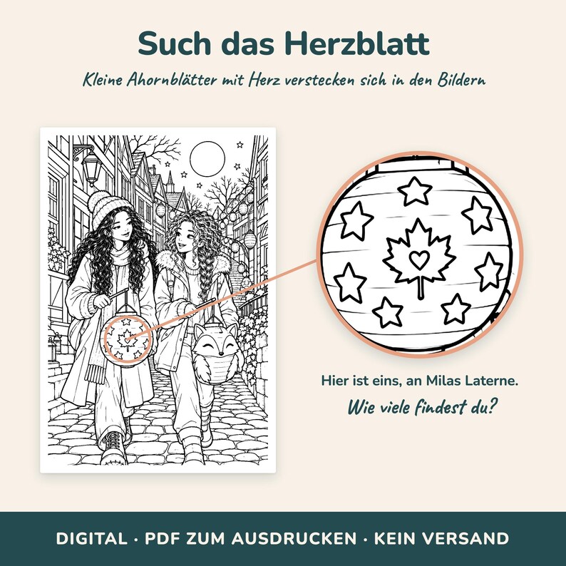 K&ouml;nnte beinhalten: Eine schwarz-wei&szlig;e Malvorlage mit dem Titel Such das Herzblatt, die zwei Personen zeigt, die mit Laternen durch eine gepflasterte Stra&szlig;e gehen. Ein kreisf&ouml;rmiger Ausschnitt zeigt eine Laterne mit einem Ahornblatt, einem Herz und Sternen.