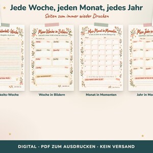 May include: Four printable planner pages titled Jede Woche, jeden Monat, jedes Jahr, featuring floral borders and sections for tracking gratitude, weekly highlights, monthly calendars, and yearly memories in German text.