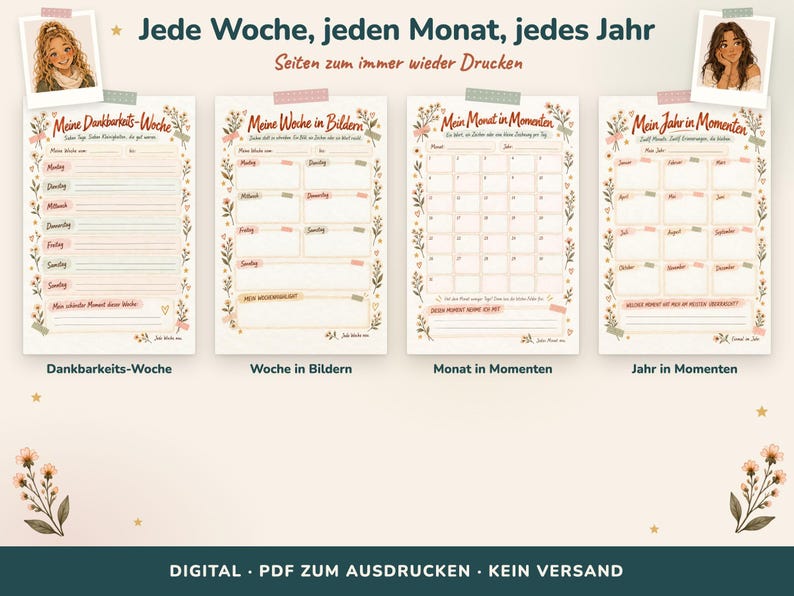 May include: Four printable planner pages titled Jede Woche, jeden Monat, jedes Jahr, featuring floral borders and sections for tracking gratitude, weekly highlights, monthly calendars, and yearly memories in German text.