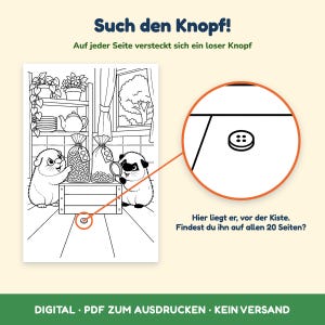 以下が含まれることがあります： Such den Knopf!というタイトルの白黒の塗り絵ページ。キッチンで餌袋と虫眼鏡を持つ2匹のモルモットが描かれています。円形のインセットは、床にある4つ穴の小さなボタンを強調しています。テキストには、Hier liegt er, vor der Kiste. Findest du ihn auf allen 20 Seiten? および Auf jeder Seite versteckt sich ein loser Knopf. と書かれています。