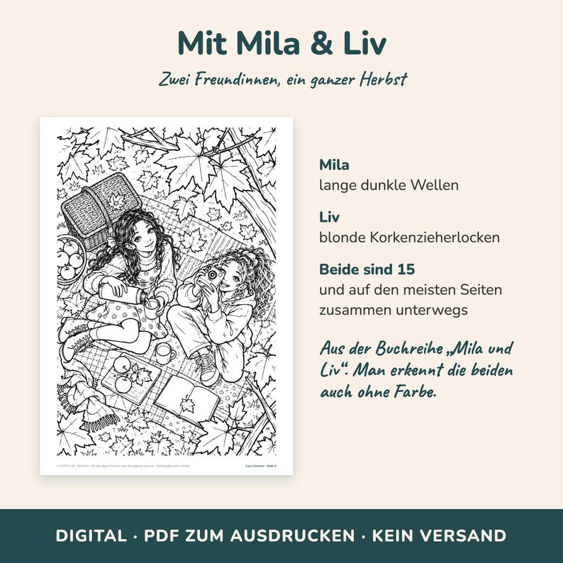 K&ouml;nnte beinhalten: Eine schwarz-wei&szlig;e Malvorlage mit dem Titel Mit Mila & Liv, Zwei Freundinnen, ein ganzer Herbst. Sie zeigt zwei junge Menschen bei einem Picknick unter Herbstbl&auml;ttern, mit einem Korb, &Auml;pfeln, einer Kamera und einem Buch. Text beschreibt Mila und Liv.