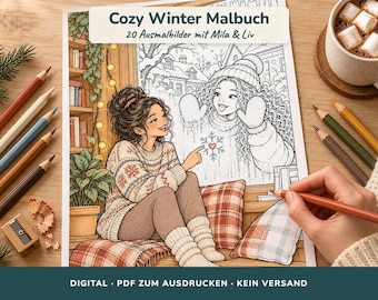 Cozy Malbuch Winter, 20 gemütliche Ausmalbilder Winter und Weihnachten, Teenager und Erwachsene, PDF zum Ausdrucken