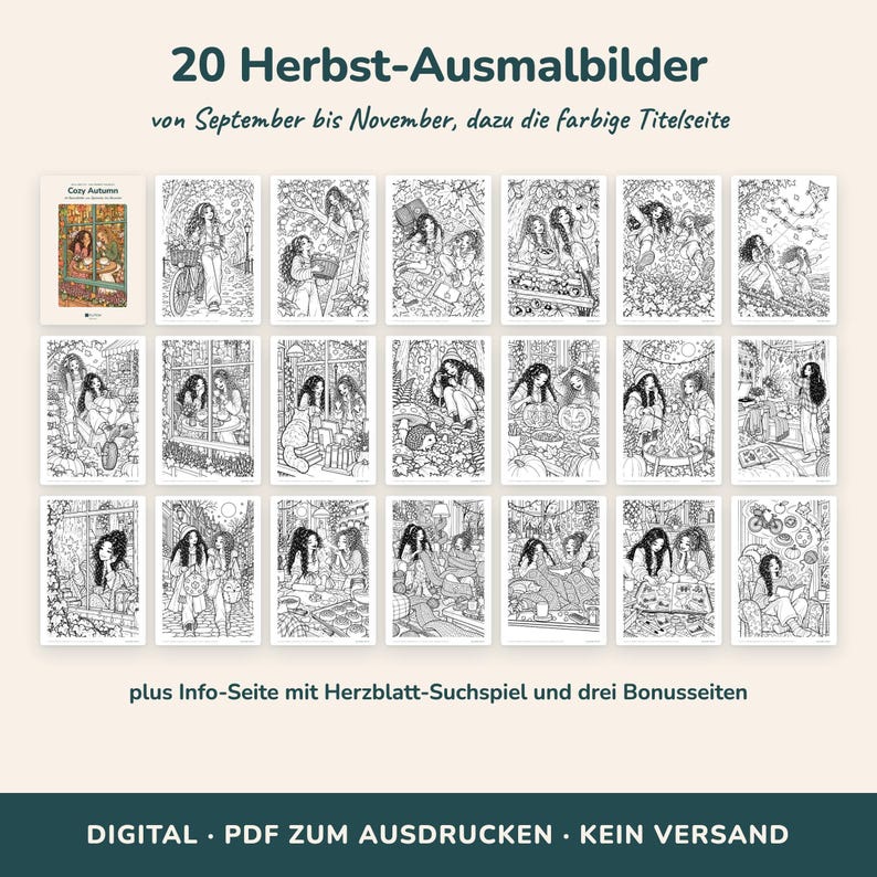 K&ouml;nnte beinhalten: Eine digitale Sammlung von 20 ausdruckbaren Ausmalbildern mit dem Titel 20 Herbst-Ausmalbilder, bestehend aus schwarz-wei&szlig;en Strichzeichnungen von Charakteren in herbstlichen Szenen, inklusive einer farbigen Titelseite und drei Bonusseiten.