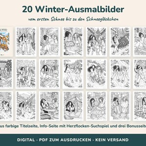 May include: A collection of 20 winter-themed coloring pages featuring black and white line art illustrations of people in snowy settings, including a colored cover page, an activity page, and three bonus pages in a digital PDF format.