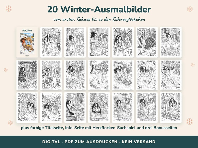 May include: A collection of 20 winter-themed coloring pages featuring black and white line art illustrations of people in snowy settings, including a colored cover page, an activity page, and three bonus pages in a digital PDF format.