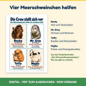 Puede incluir: Un p&oacute;ster titulado Vier Meerschweinchen helfen que presenta cuatro personajes de cobayas llamados Rocky, Mr. Grey, Toffy y Mojito. Cada personaje est&aacute; ilustrado con un rol espec&iacute;fico y descripciones de texto en alem&aacute;n sobre finanzas.