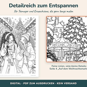 May include: A black and white coloring page featuring two people in winter clothing at a Christmas market, with a carousel and a large decorated tree in the background. The text reads Detailreich zum Entspannen, f&uuml;r Teenager und Erwachsene, die gern lange malen, Feine Linien, viele kleine Details: Seite 4 Auf dem Weihnachtsmarkt, DIGITAL PDF ZUM AUSDRUCKEN KEIN VERSAND.