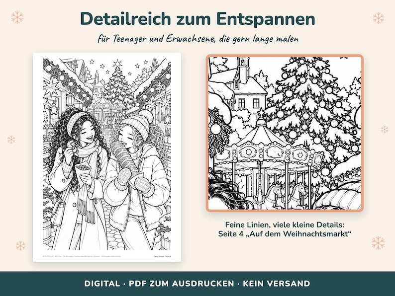 May include: A black and white coloring page featuring two people in winter clothing at a Christmas market, with a carousel and a large decorated tree in the background. The text reads Detailreich zum Entspannen, f&uuml;r Teenager und Erwachsene, die gern lange malen, Feine Linien, viele kleine Details: Seite 4 Auf dem Weihnachtsmarkt, DIGITAL PDF ZUM AUSDRUCKEN KEIN VERSAND.