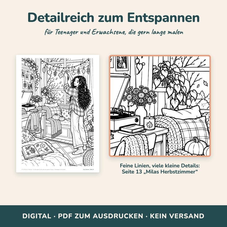 K&ouml;nnte beinhalten: Eine schwarz-wei&szlig;e Malvorlage mit dem Titel Detailreich zum Entspannen, die eine Person in einem Zimmer mit Plattenspieler, Pflanzen, K&uuml;rbissen und Lichterketten zeigt. Der Text lautet Detailreich zum Entspannen, f&uuml;r Teenager und Erwachsene, die gern lange malen, sowie Feine Linien, viele kleine Details: Seite 13 Milas Herbstzimmer.