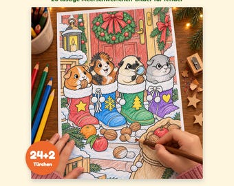 Adventskalender zum Ausmalen, Kinder PDF zum Ausdrucken, 26 Ausmalbilder Weihnachten mit Meerschweinchen, Malvorlagen